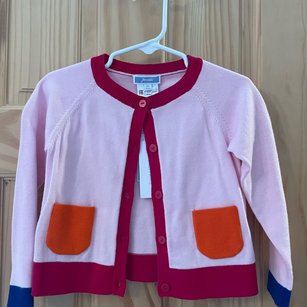 Jacadi Paris Light Pink Kids size 3 Sweater with Orange Pockets NWT